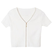 Modern White zippered V Neck Shirt Tops Summer - bagstylebliss