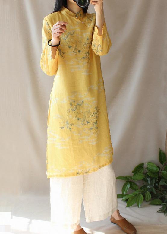 Modern Yellow Dragon Pattern Clothes V Neck Side Open Baggy Dress - bagstylebliss