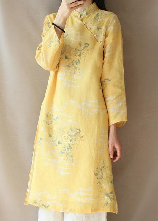 Modern Yellow Dragon Pattern Clothes V Neck Side Open Baggy Dress - bagstylebliss