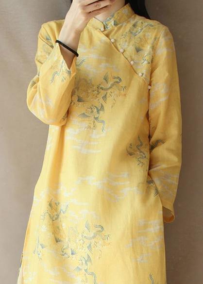 Modern Yellow Dragon Pattern Clothes V Neck Side Open Baggy Dress - bagstylebliss