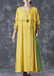 Modern Yellow Embroidered Patchwork Linen Maxi Dresses Spring