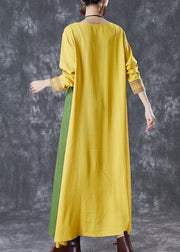 Modern Yellow Embroidered Patchwork Linen Maxi Dresses Spring