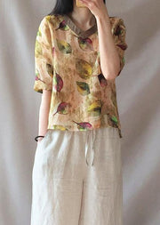 Modern Yellow Leaves Clothes V Neck Half Sleeve Loose  Blouse - bagstylebliss