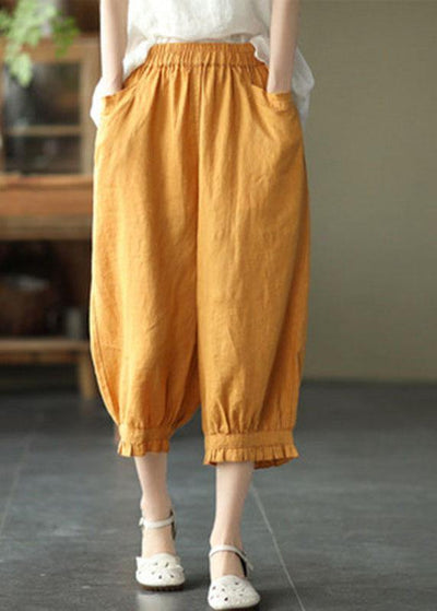 Modern Yellow Loose Ruffled Summer Casual Linen Pants - bagstylebliss