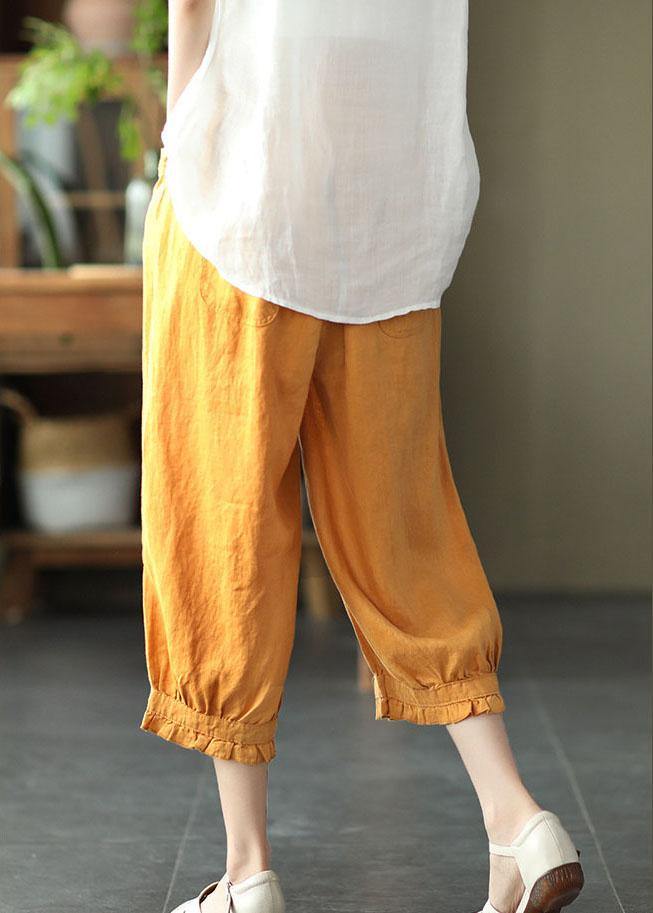 Modern Yellow Loose Ruffled Summer Casual Linen Pants - bagstylebliss