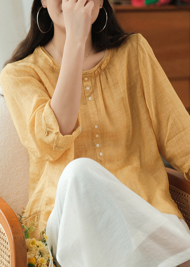 Modern Yellow O-Neck Button Linen Shirt Tops Three Quarter sleeve