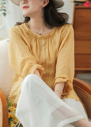 Modern Yellow O-Neck Button Linen Shirt Tops Three Quarter sleeve