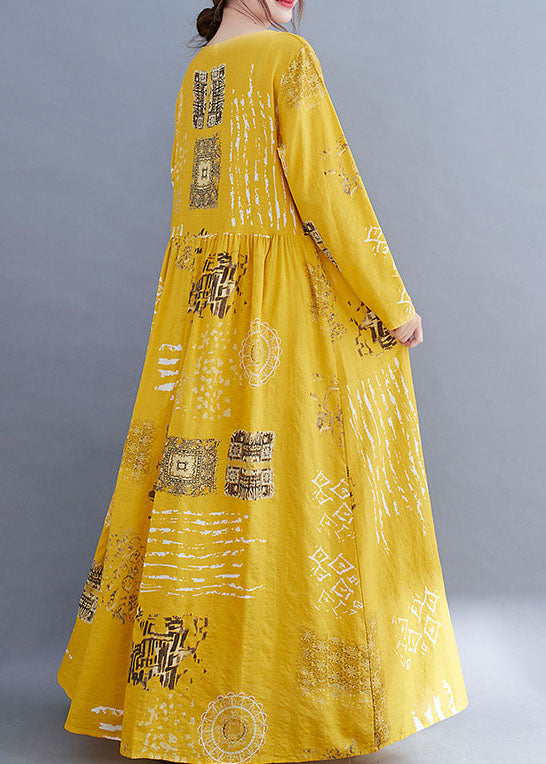 Modern Yellow O-Neck Button Print Dress Spring