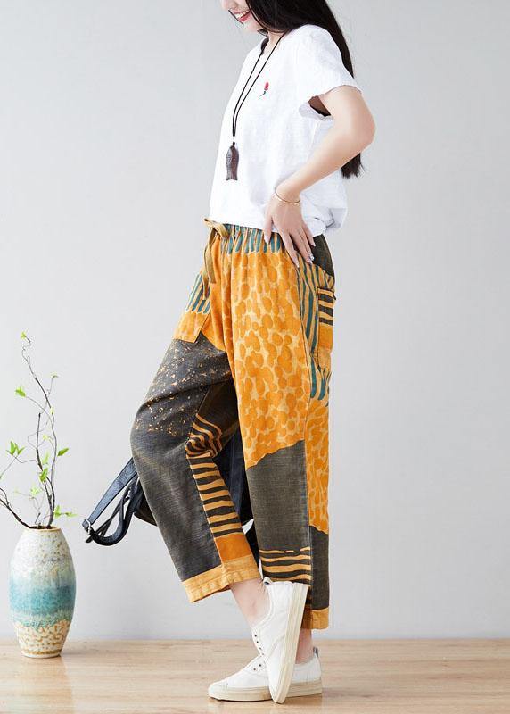 Modern Yellow Retro Colorblock Tie waist Fall Pants Denim - bagstylebliss