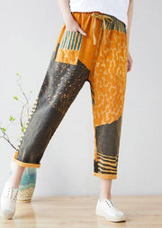 Modern Yellow Retro Colorblock Tie waist Fall Pants Denim - bagstylebliss