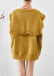 Modern Yellow Sailor Collar Tasseled Knit Cardigan Fall