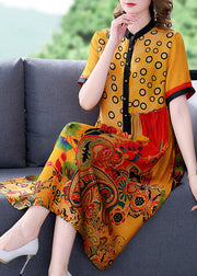 Modern Yellow Stand Collar Asymmetrical Wrinkled Silk Shirt Dresses Short Sleeve