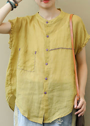 Modern Yellow Stand Collar button pockets Linen Blouse Top Short Sleeve