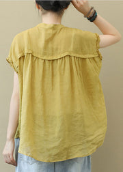 Modern Yellow Stand Collar button pockets Linen Blouse Top Short Sleeve