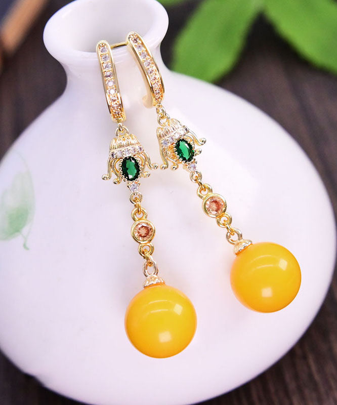 Modern Yellow Sterling Silver Amber Beeswax Ball Drop Earrings