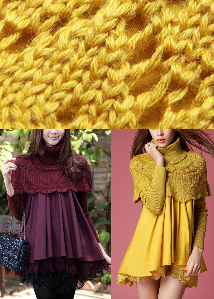 Modern Yellow Turtleneck Knit Patchwork A Line Winter Sweater dress