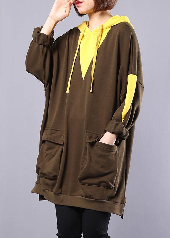 Modern army green patchwork cotton blouse women hooded oversized autumn tops - bagstylebliss