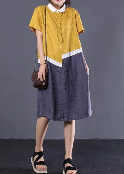 Modern asymmetric patchwork linen clothes Women Neckline yellow POLO collar cotton Dresses summer - bagstylebliss