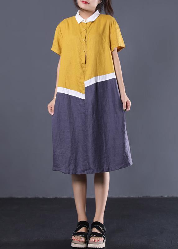 Modern asymmetric patchwork linen clothes Women Neckline yellow POLO collar cotton Dresses summer - bagstylebliss