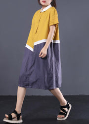 Modern asymmetric patchwork linen clothes Women Neckline yellow POLO collar cotton Dresses summer - bagstylebliss