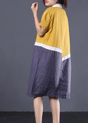 Modern asymmetric patchwork linen clothes Women Neckline yellow POLO collar cotton Dresses summer - bagstylebliss