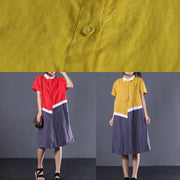 Modern asymmetric patchwork linen clothes Women Neckline yellow POLO collar cotton Dresses summer - bagstylebliss