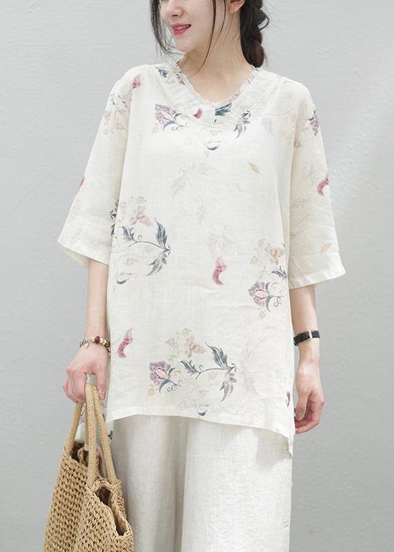 Modern beige print linen tunics for women v neck half sleeve baggy summer blouse - bagstylebliss