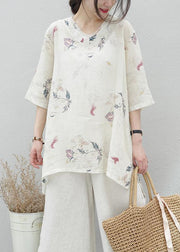 Modern beige print linen tunics for women v neck half sleeve baggy summer blouse - bagstylebliss