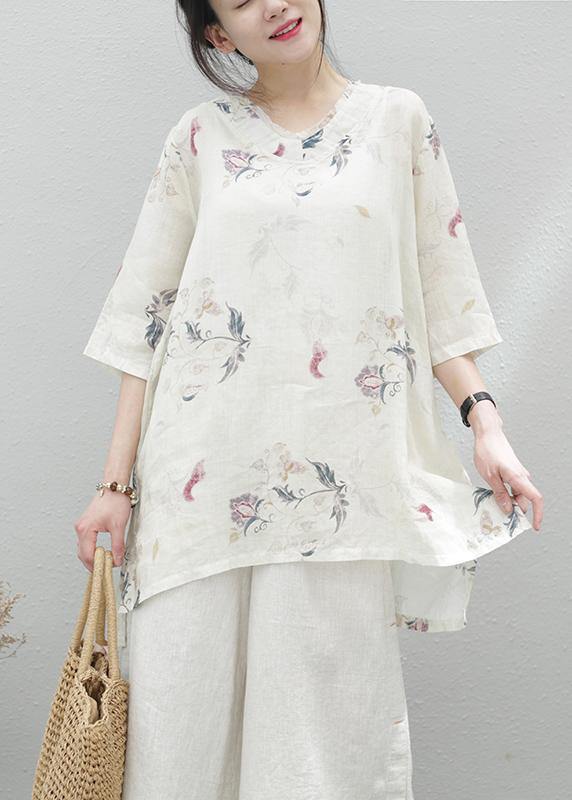 Modern beige print linen tunics for women v neck half sleeve baggy summer blouse - bagstylebliss