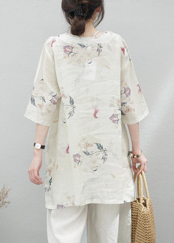 Modern beige print linen tunics for women v neck half sleeve baggy summer blouse - bagstylebliss