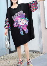 Modern black Cartoon print Cotton dress Appliques sleeve cotton summer Dresses - bagstylebliss