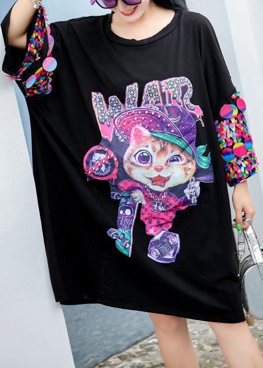 Modern black Cartoon print Cotton dress Appliques sleeve cotton summer Dresses - bagstylebliss