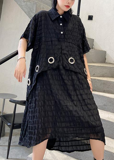 Modern black Cotton Tunic lapel low high design Midi summer Dress - bagstylebliss