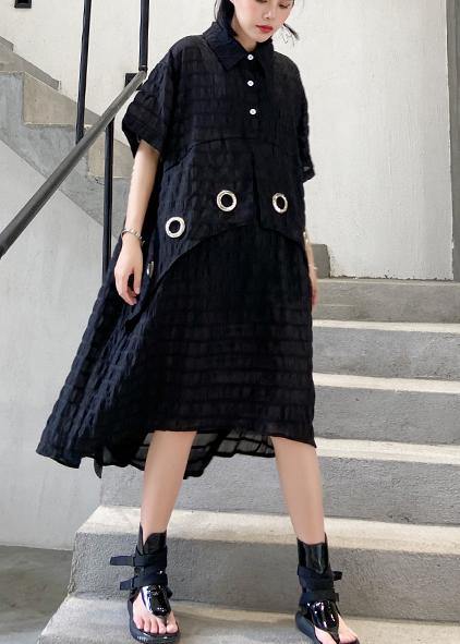 Modern black Cotton Tunic lapel low high design Midi summer Dress - bagstylebliss