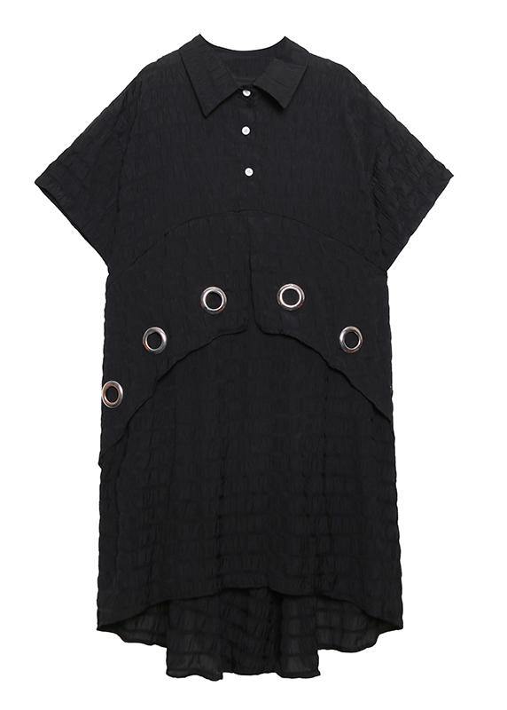 Modern black Cotton Tunic lapel low high design Midi summer Dress - bagstylebliss