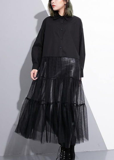 Modern black Cotton patchwork tulle fine Runway lapel false two pieces cotton Summer Dresses - bagstylebliss