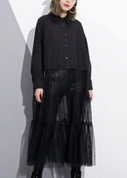 Modern black Cotton patchwork tulle fine Runway lapel false two pieces cotton Summer Dresses - bagstylebliss