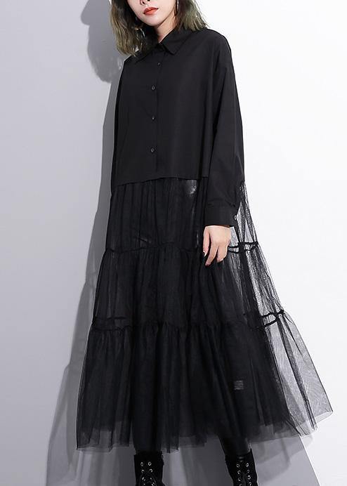 Modern black Cotton patchwork tulle fine Runway lapel false two pieces cotton Summer Dresses - bagstylebliss