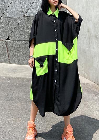Modern black Cotton quilting dresses lapel patchwork baggy summer Dresses - bagstylebliss