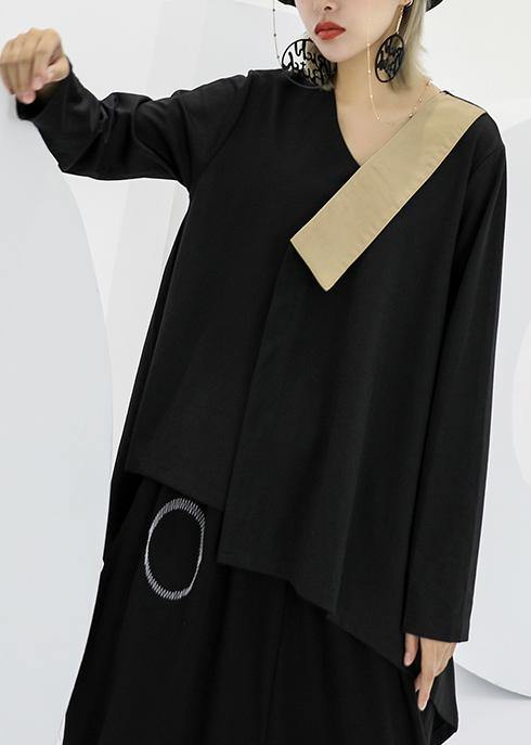 Modern black asymmetric cotton linen tops women v neck silhouette fall blouses - bagstylebliss