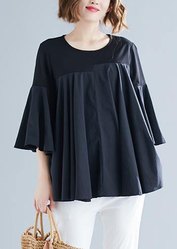 Modern black cotton blended clothes Boho Cotton o neck flare sleeve silhouette Summer blouse - bagstylebliss