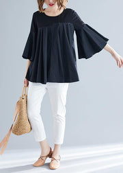 Modern black cotton blended clothes Boho Cotton o neck flare sleeve silhouette Summer blouse - bagstylebliss