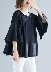 Modern black cotton blended clothes Boho Cotton o neck flare sleeve silhouette Summer blouse - bagstylebliss