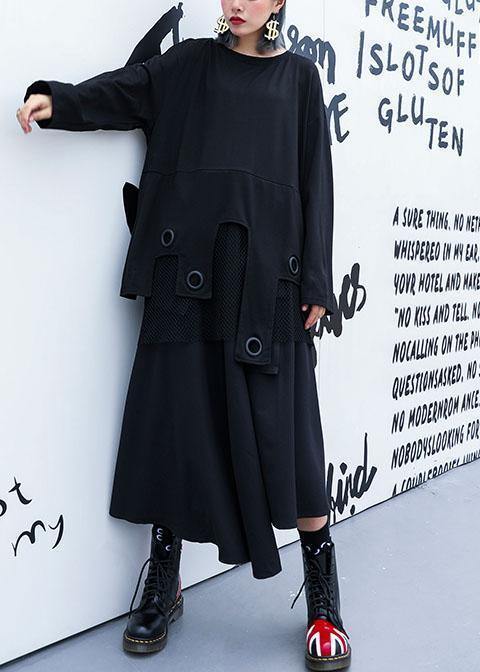 Modern black cotton clothes Women asymmetric patchwork tulle fall Dresses - bagstylebliss