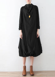 Modern black cotton dresses high neck asymmetric Traveling fall Dress - bagstylebliss