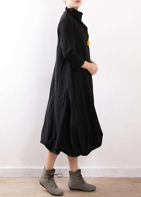 Modern black cotton dresses high neck asymmetric Traveling fall Dress - bagstylebliss