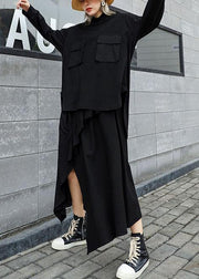 Modern black cotton linen asymmetric Ruffles fall skirt - bagstylebliss