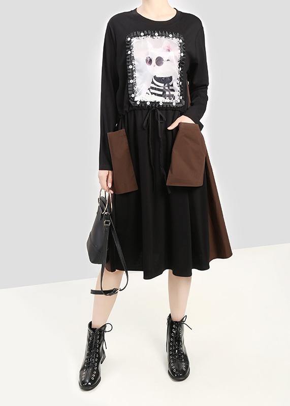 Modern black cotton quilting clothes cat prints Plus Size  patchwork pockets Dress - bagstylebliss