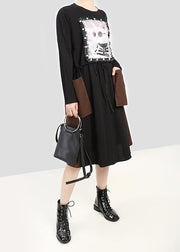 Modern black cotton quilting clothes cat prints Plus Size  patchwork pockets Dress - bagstylebliss
