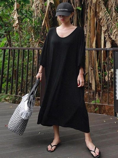 Modern black cotton tunic dress o neck baggy Maxi Dress - bagstylebliss